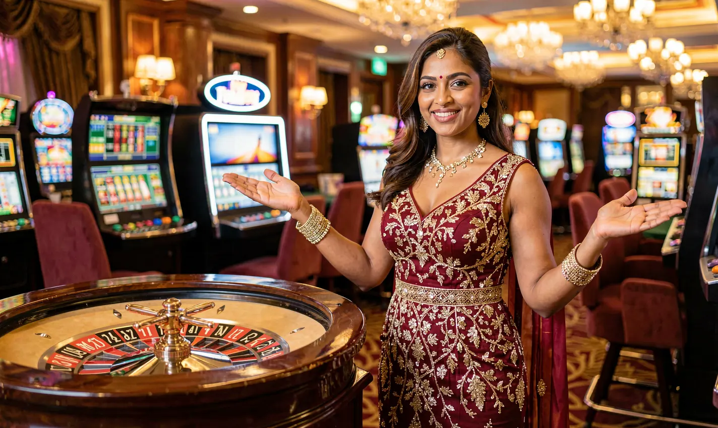 Elegant live casino hostess standing by a roulette wheel in a glamorous studio atmosphere showcasing the premium live gaming experience of 60OK for Bangladesh