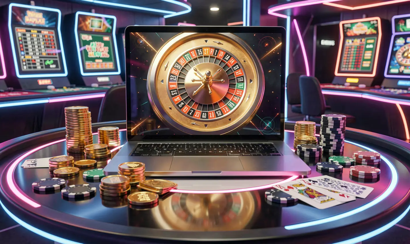 Futuristic casino setup with a laptop showing a roulette wheel surrounded by poker chips and cards highlighting immersive online gaming at 60OK for Bangladesh users