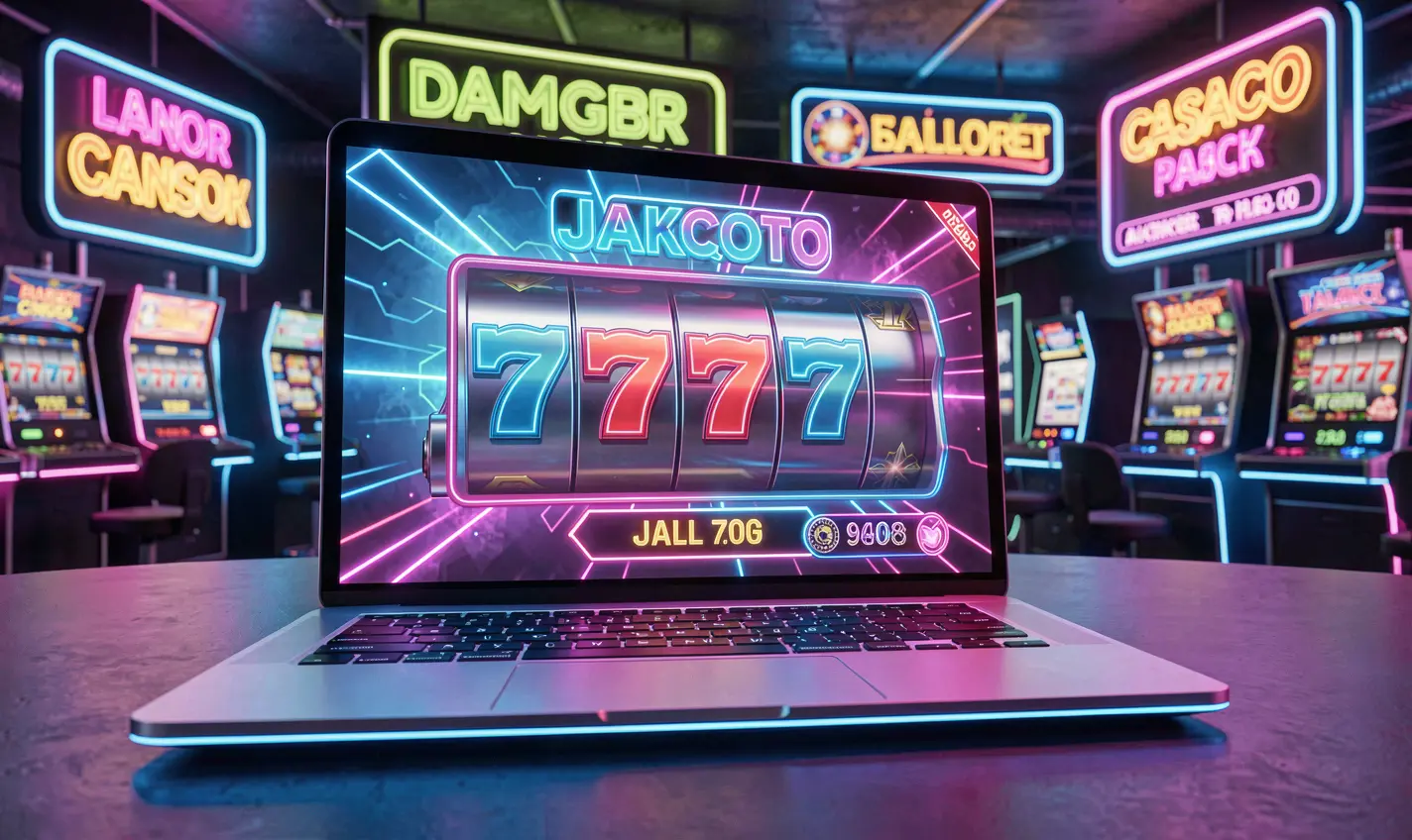 Modern laptop displaying a bright online casino jackpot in a neon city scene highlighting immersive gameplay on 60OK games platform