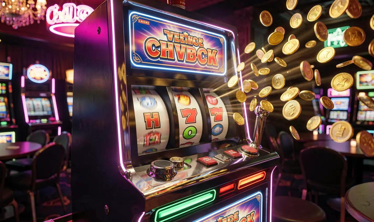 Classic glowing slot machine surrounded by flying gold coins with triple seven symbols representing high reward slots at 60OK casino in Bangladesh